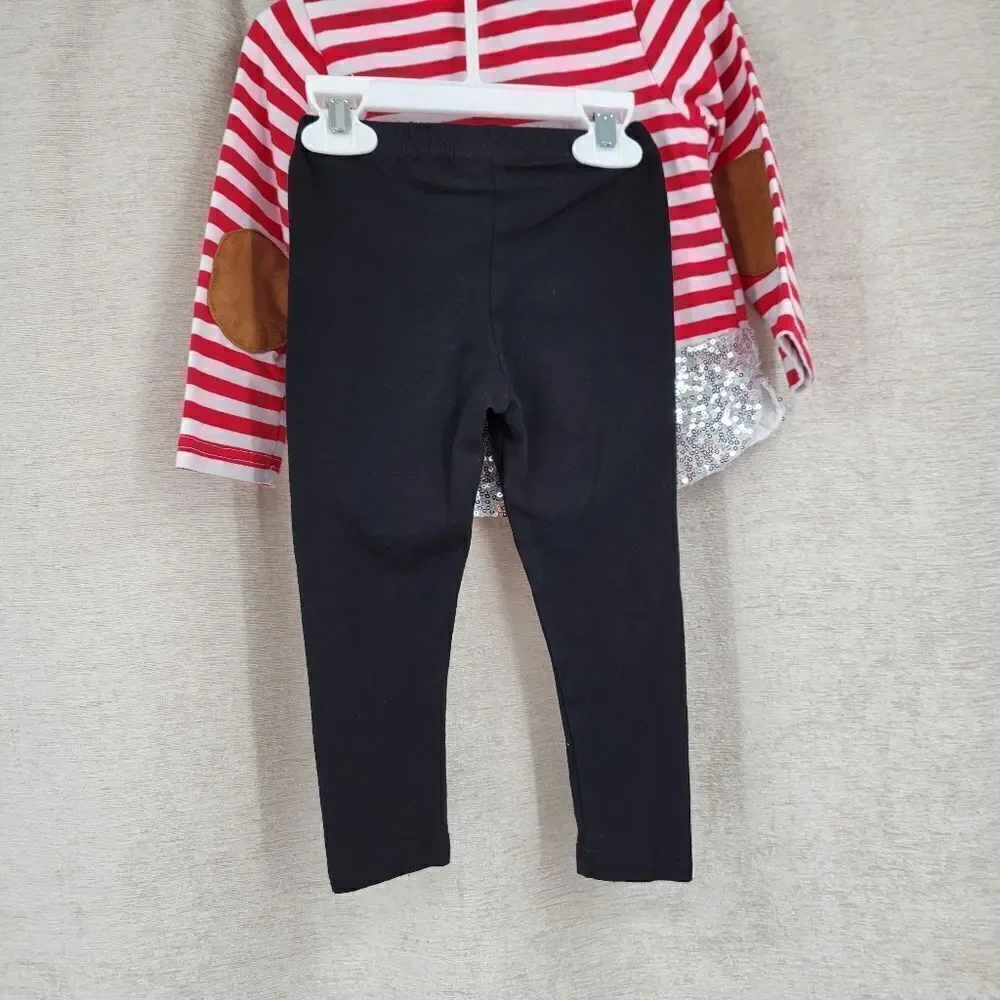 Christmas Girls Toddler 2T Matching Set Silver Reindeer Red White Stripes